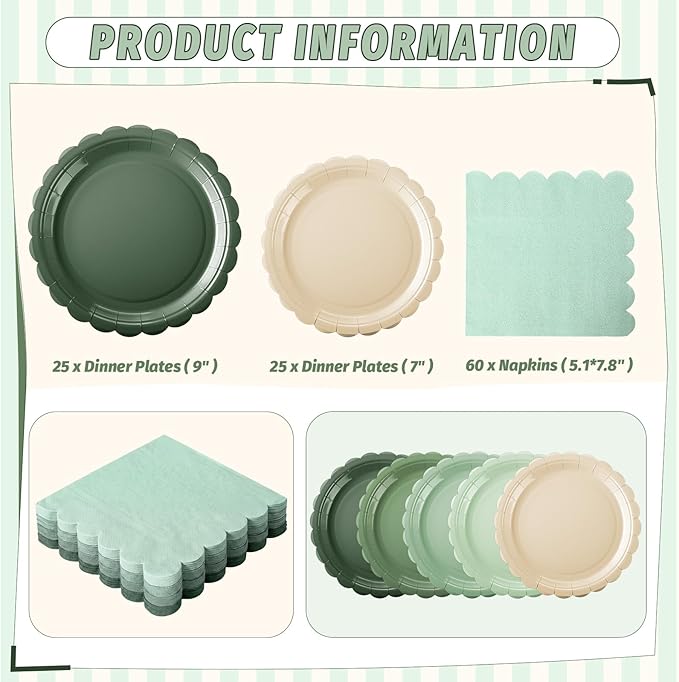 200pcs Sage Green Plates and Napkins Tableware Set Serve 50 Guests Includes Scalloped 9" 7" Paper Dessert Dinner Plate Green Series Napkins for Spring Birthday Wedding Baby Shower Tea Party