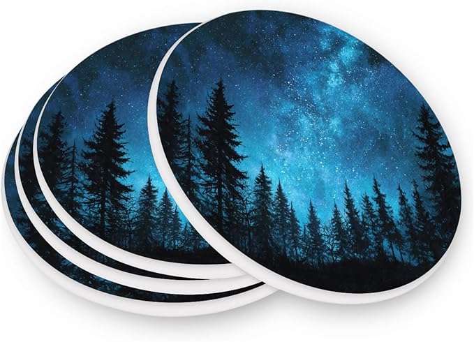 Coasters for Drinks Coaster Drink Set Decorative Coffee Table Desk Cup Mat Spring Cute Cork Bar Backing Round Home Decor Forest Starry Night Pine Tree Blue08