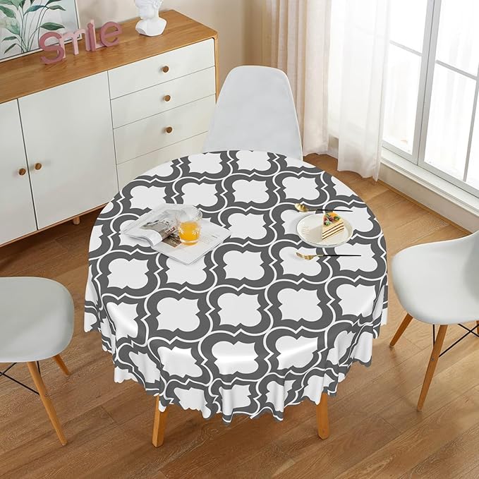Laeacco 36 Inch Morocco Round Tablecloth Grey White Geometric Lattice Modern Abstract Art Print Table Cloth Washable Waterproof Wrinkle Free Table Cover for Kitchen Dining Picnic Party Decoration