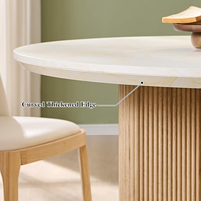 T4TREAM 47" Fluted Round Dining Table for 4-6, Mid-Century Modern Kitchen Table with Thickened Edge & Sturdy Pedestal Base for Kitchen Living Room,Marble & Natural Oak(Table Only)