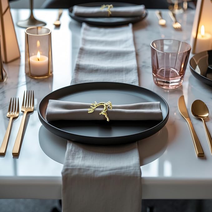 Decozen Set of 4 Gold Napkin Rings in Stag Design Festive Table Decor Setting for Holiday Wedding, Birthday, Kitchen, Home Decor Housewarming Gift - Thanksgiving & Christmas Gift Decoration