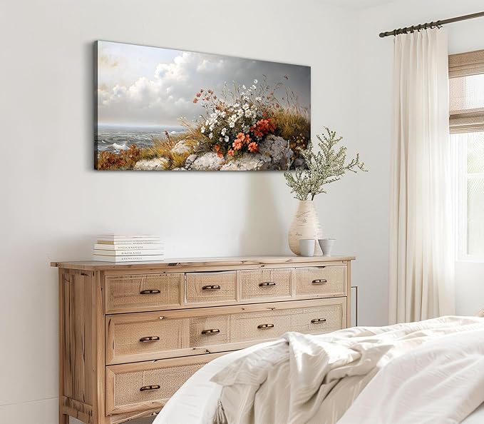 ADJUVANT Wall Art Vintage Coastal Floral Scene 48"L x 24"W, Seaside Wildflowers By The Ocean Canvas Painting Nature Artwork Coastal Blooms Prints Botanic Decor for Living Room Bedroom Bathroom Home Office