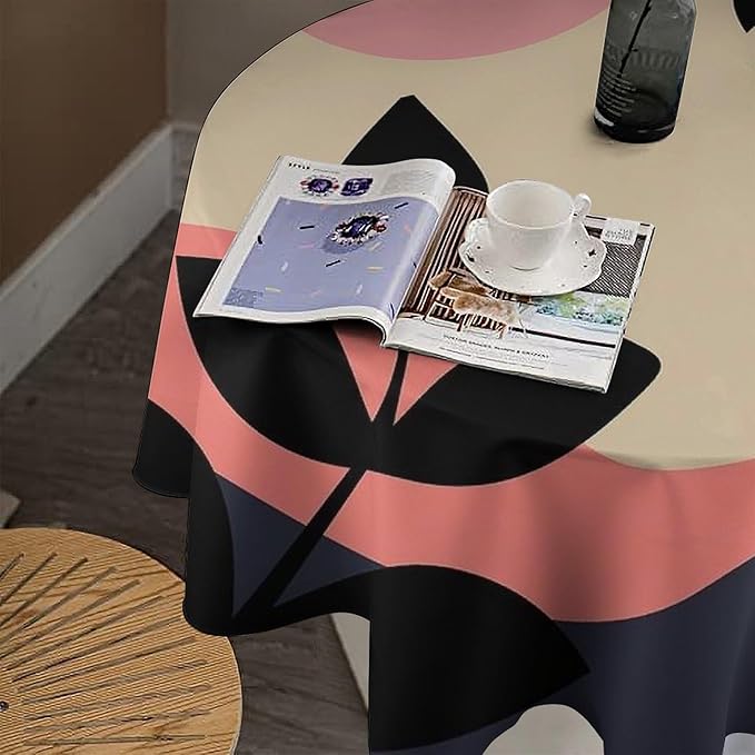 Medieval Bohemian Abstract Round Tablecloth, Mid Century Modern Leaves Geometric Tablecloth for Home Party Dining Room Kitchen Decor 60Inch(152cm)