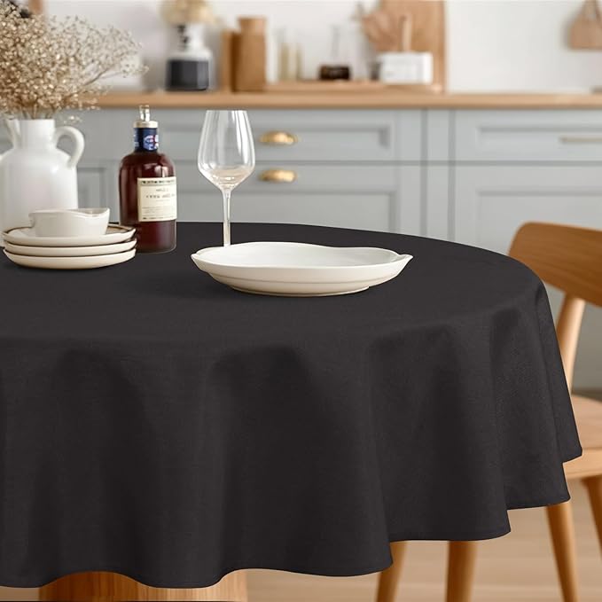 JIUZHEN Round Tablecloth Linen Textured Wrinkle Stain Resistant Farmhouse Table Cloth Decorative Fabric for Kitchen, Dining, Party, Wedding,Outdoor Use,50 Inch Round,Black