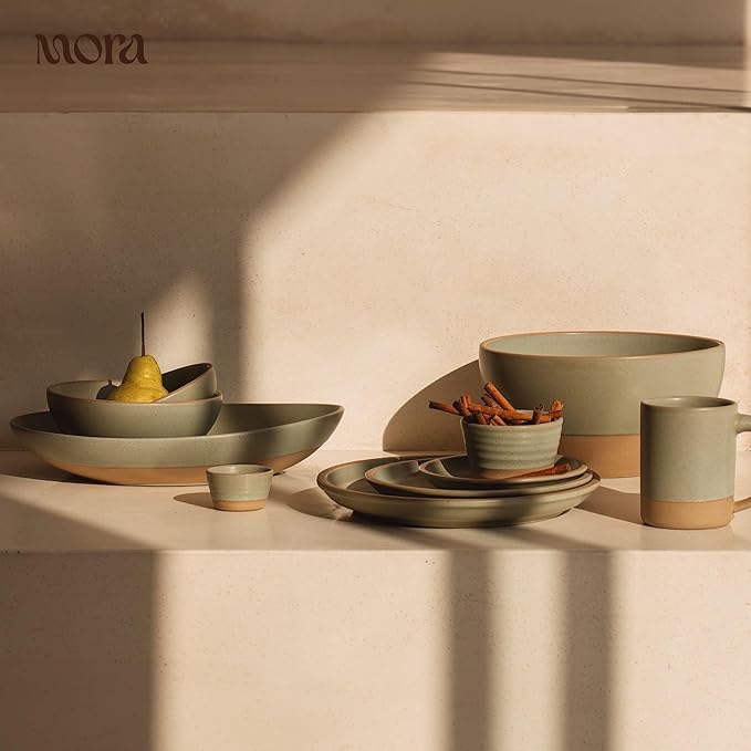 MORA Mega and Giant Serving Dishes Set of 2, 16 inch and 14 inch Ceramic Pottery Oval Platters - Microwave, Oven and Dishwasher Safe - Thyme & Mushroom