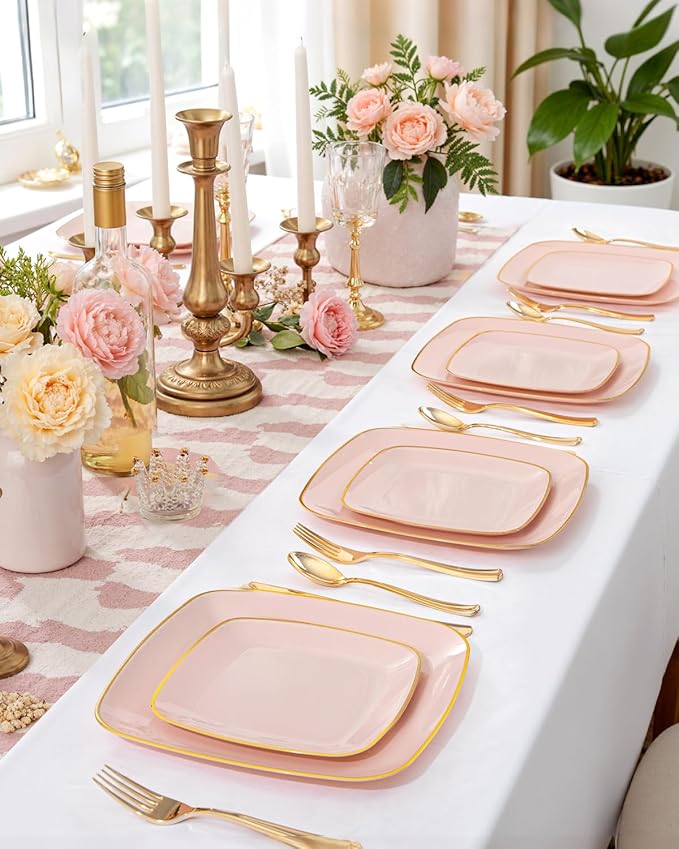 bUCLA 100PCS Pink Plastic Plates - Heavy Duty Square Pink and Gold Disposable - Include 50 Dinner 10 inch & 50 Dessert 7.25 inch Plates for Party & Valentines Day