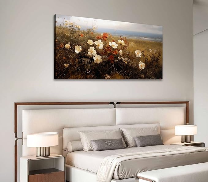ADJUVANT Wall Art Vintage Coastal Wildflower Field 48"L x 24"W, Seaside Meadow With White And Orange Blooms Canvas Painting Nature Artwork Retro Floral Prints Botanic Wall Decor for Living Room Bedroom