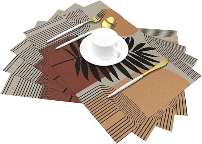 Art Boho Mid Century Placemats, Sun Brown Leaves Rainbow Color Blocks Modern Washable Place Mats 12x18Inch for Dining Kitchen Farmhouse Decor 6 PCS