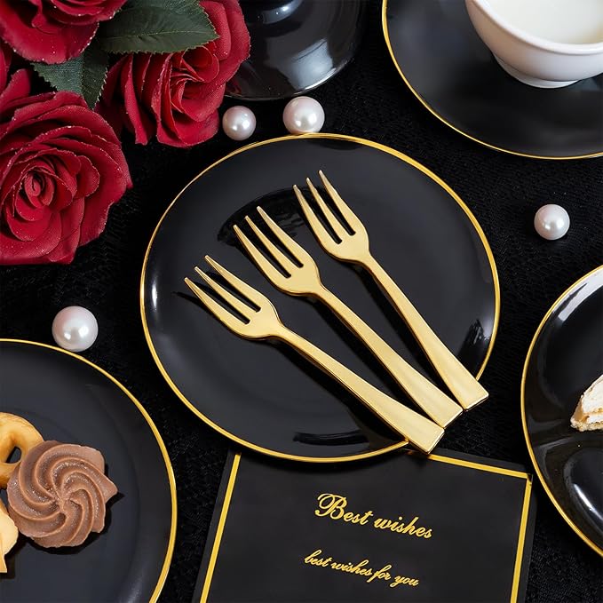 Festiva 400Pcs Black Gold Dessert Plates 6.3" with Forks 5"- 200PCS Small Disposable Dessert/Cake/Appetizer Plates and 200PCS Forks - Serve 200 Guests for Birthday Party& Wedding