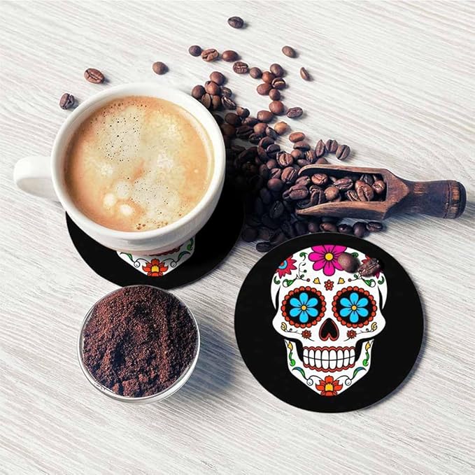 Sugar Skull Round Coaster for Home Coffee Table Human Head Mexican Spooky Skeleton Horror Bone Death Farmhouse Drink Coasters 100% Diatomite 4''X 4''X 0.35'' Printed Pattern