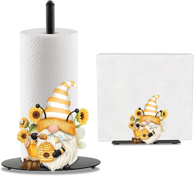 Sunflower Gnome Paper Towel Holder, Gnome Honey Bees Countertop Kitchen Decor Indoor with Round Base, Gnomes Lover Gifts, Iron Gnomes Napkin Holder Stand Accessories for Bathroom Kitchen Dining, 2 PCS
