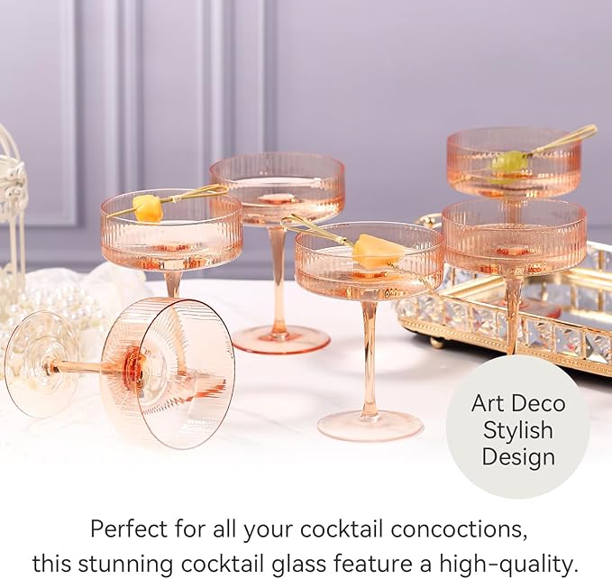 Light peach 9 oz Vintage Art Deco Coupe Glasses Set of 6 Ribbed martini Glasses |Vintage Cocktail Glasses Set,Unique Colored Coupe Glass, Classic Cocktail Glassware