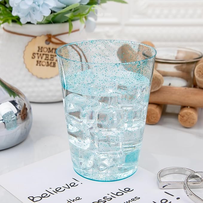 DaYammi 100 Pack 10 oz Blue Plastic Cups Disposable Cups Tumblers, Elegant Blue Glitter Party Drinking Cup Perfect for Wedding, Fancy Disposable Cups Plastic Cocktail Glasses Wine Glasses for Party