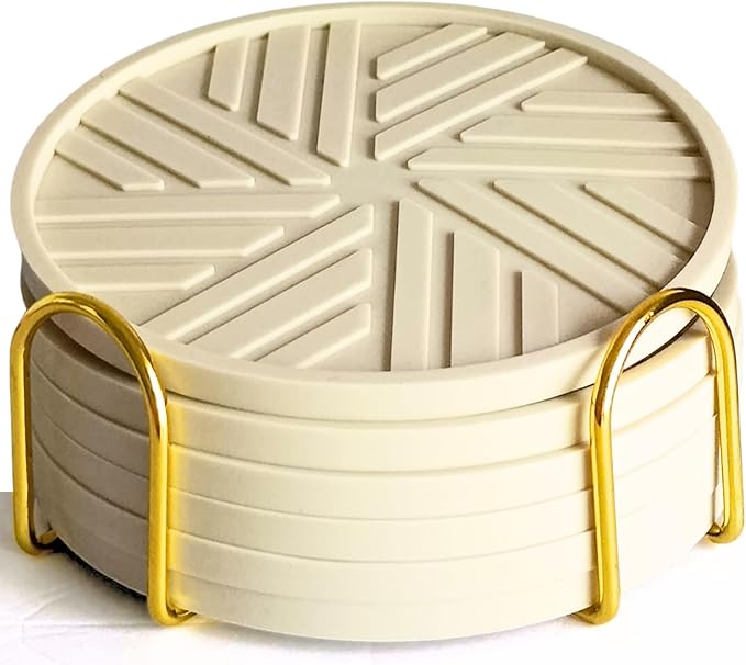 Beige Silicone Drinks Coasters Set of 6 - with Gold Holder, Smart Modern Grooved Pattern to Prevent Sticking from Cups, Protecs to Coffee Tables - Boho Vinatge Home Office bar Decor
