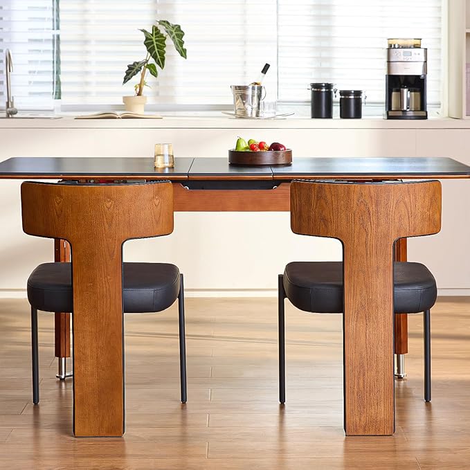 Black Dining Chairs Set of 2,Faux Leather Dining Chairs with Soft Cushion,Comfortable Upholstered Armless Dining Room Chairs with Curved Plywood Back