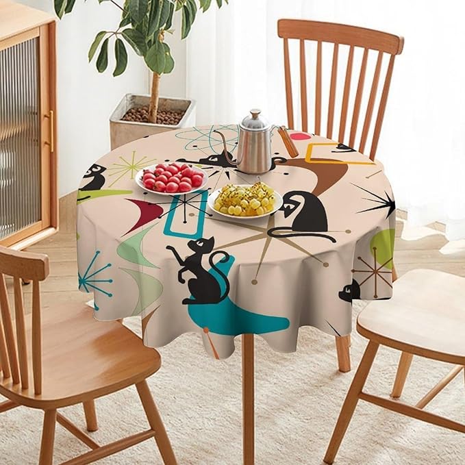 Mid Century Black Cat Round Tablecloth, Bohemian Modern Colorful Abstract Geometric Retro Art Bohemian Tablecloth for Home Party Dining Room Kitchen Decor 70Inch(178cm)