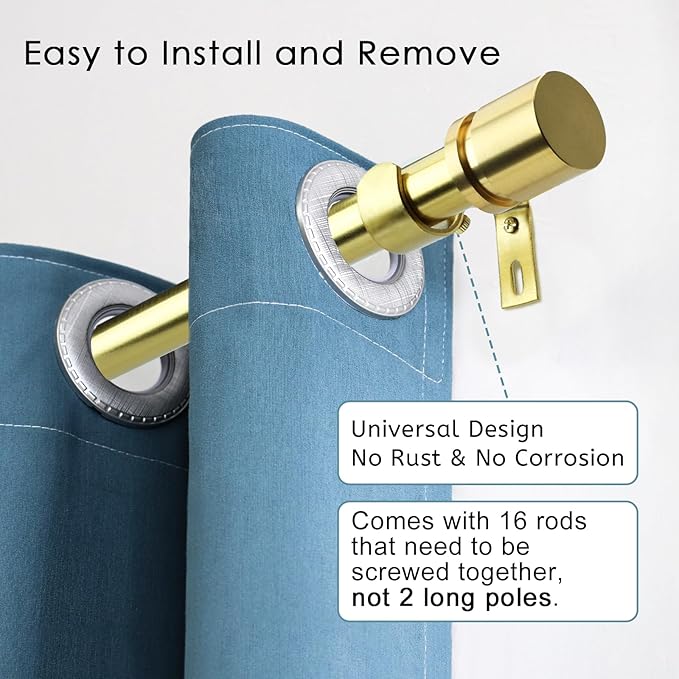 Curtain Rods for Windows 16 to 240 Inches Adjustable Length 1 Inch Diameter Window Curtain Rod with Aluminium Finials, Gold