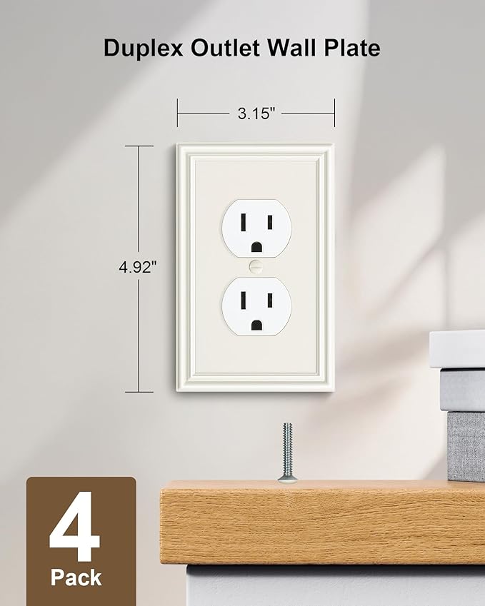 4-Pack Duplex Outlet Cover, Durable Solid Zinc Alloy Decorative Switch Plates and Outlet Covers, Light Almond Wall Plates for Electrical Outlets, 1 Gang Receptacle Cover, Corrosion Resistant