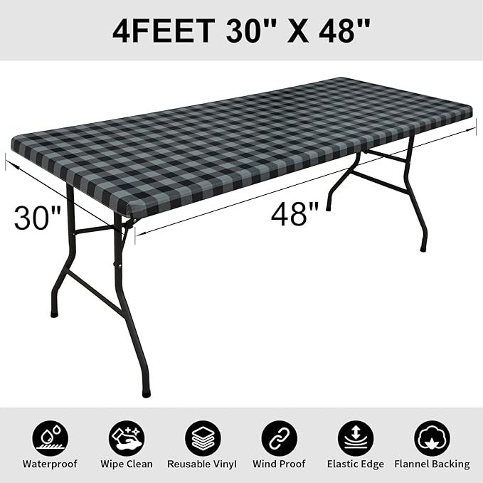 Smiry Rectangle Picnic Table Cloth, Elastic Waterproof Fitted Vinyl Tablecloths, Flannel Backed Buffalo Plaid Table Covers for Dining, Camping, Outdoor (Black and Grey, 30" x 48")