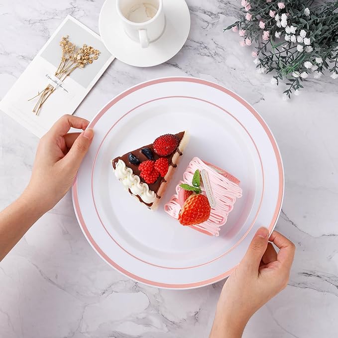 BESTVIP 200PCS Rose Gold Plastic Plate, Disposable Party Plates with 100 Dinner Plates and 100 Dessert Plates, Plastic Plates for Party, Wedding and Birthday