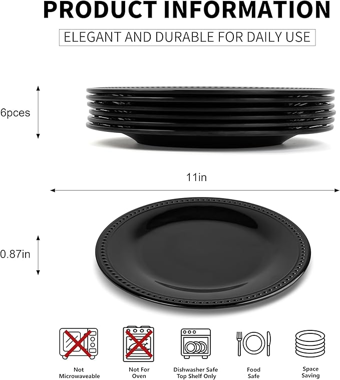 Melamine Beaded Dinner Plate Set of 6, 11inch, Black, BPA Free, Platter, Serving Dishes, Chip & Break Resistant, Lightweight, Durable, Great for Dining, BBQs, Picnics, Weddings & Everyday Meals