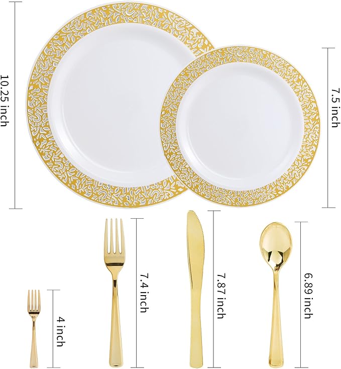 WDF 150PCS Gold Plastic Plates Set - Valentines Plates 25Guests Gold Disposable Dinnerware Sets for Valentine's Day