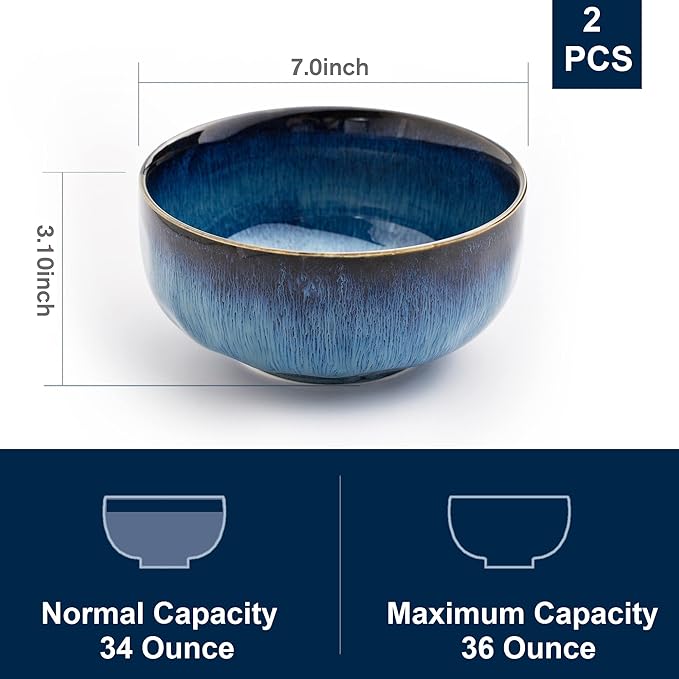 Serving Bowls - 36 Ounce Bowls Set - Ceramic Bowl Set of 2-7 inch for Salad, Soup,Cereal Bowls for Kitchen