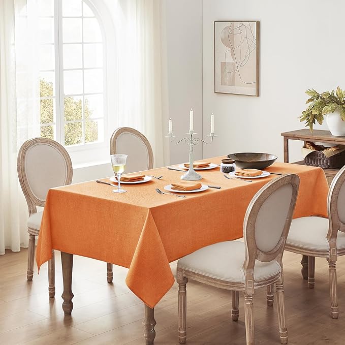 Softalker Extra Lang Table Cloth for 6/8 Foot Rectangle Table 60x120 inch Orang Faux Linen Tablecloth Outdoor Waterproof Stain and Wrinkle Resistant Table Cover for Fall Garden Party Decor Tabletop