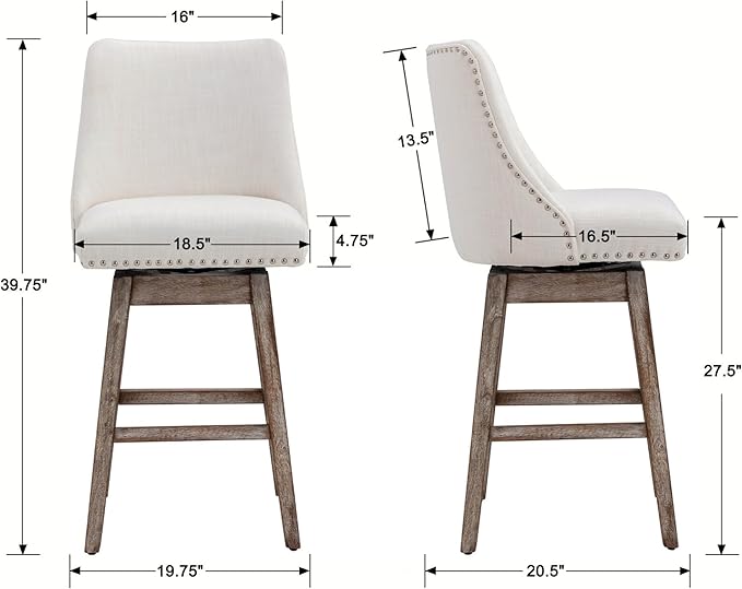 27.5" Counter Height Bar Stool, Linen Fabric Mid Century Modern Swivel Barstool with Back & Wood Legs Comfy Upholstered Counter Chair for Home Bar/Dining Room/Restaurant, Cream