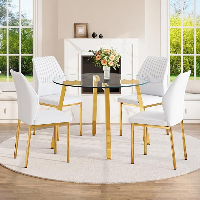 42" Round Glass Dining Table Set for 4,Modern Breakfast Table Set for 4 with Luxury Gold Chrome Legs,Space Saving Kitchen Table and White Chairs for Apartment,Easy Assembly