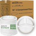 3 Compartment Compostable Heavy Duty Disposable Paper Plates, 150 Count | 10 Inch Round | Natural Bagasse, White Biodegradable Eco-Friendly School Lunch, Buffet, Party Sugarcane Tray
