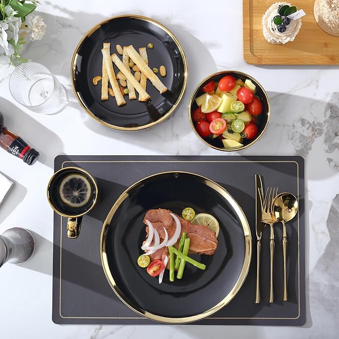 Dinner Plates, Set of 6, 8 inch, Black Porcelain with Gold Trim, Small Plates, Black Ceramic Plates, Ideal for Desserts and Appetizers.