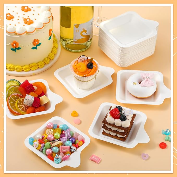 Remerry 1000 Pcs Small 4 Inch Paper Plates Bulk Disposable Plates Paper White Square Dessert Cake Party Snack Sugarcane Bagasse Fiber Wedding Birthday Dinner Graduation Pet Feeding (4.45 x 5.24 Inch)