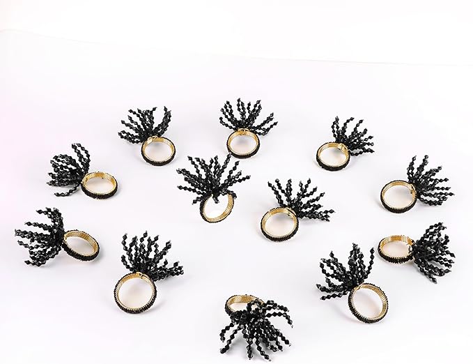 CLEENTABLE 12-Pcs Decorative Napkin Rings - Beaded Serviette Ring Napkin Holders for Summer Beach Wedding Ocean Coastal Nautical Holiday Party Home Table Décor (Black)
