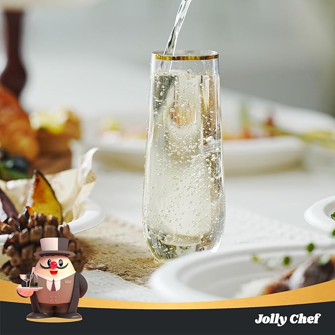 JOLLY CHEF 24 Pack Stemless Plastic Champagne Flutes Disposable 9 Oz Gold Rim Clear Plastic Toasting Glasses Shatterproof Recyclable for Party, Wedding, Birthday, Christmas