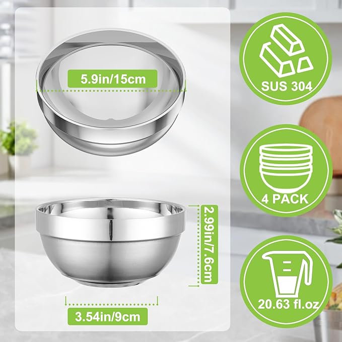 Stainless Steel Bowls, 4 Pack 5.9in 20.6oz 610ml Medium SUS304 Double Wall Insulated Stackable Metal Cereal Bowl Containers for Dishes Eating Serving Snacks Ice Cream Soup Food Rice Salad