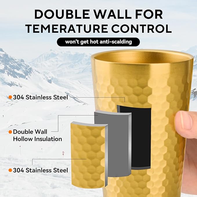 5 Pcs 12 oz Honeycomb Small Metal Cup, Double Wall Vacuum Stainless Steel Insulated Cup, Reusable Camping Cups Unbreakable Indoor Outdoor for Party, Home, Office, BBQ, Gold