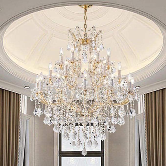 Large Gold Chandelier Light Fixtures - 24 Lights, 3 Layers Modern Crystal Chandeliers for Lobby, Foyer, Entrance Hall, Staircase