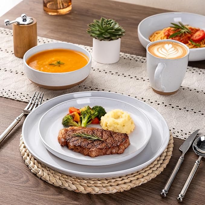 AmorArc Ceramic Dinnerware Sets for 8, 24 Pieces Handpainted Plates and Bowls Set with Rustic Terracotta Underside, Scratch Resistant Stoneware Dishes Set, Dishwasher & Microwave Safe, White