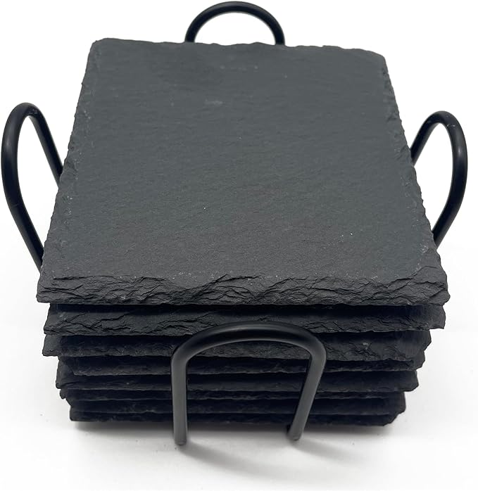 8 Pack 4 inch Square Slate Coasters with Metal Holder,Handmade Natural Rough Edge,with Integral Anti-Skid pad,Laser Engraving Blanks,Stone Coasters