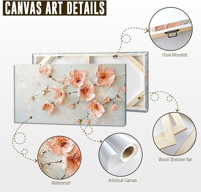 ADJUVANT Wall Art Impressionist Pink Floral 60"L x 30"W, Cherry Blossoms Canvas Painting Soft Petals Artwork Pastel Tones Prints Spring Flowers Wall Decor for Living Room Bedroom Bathroom Home Office