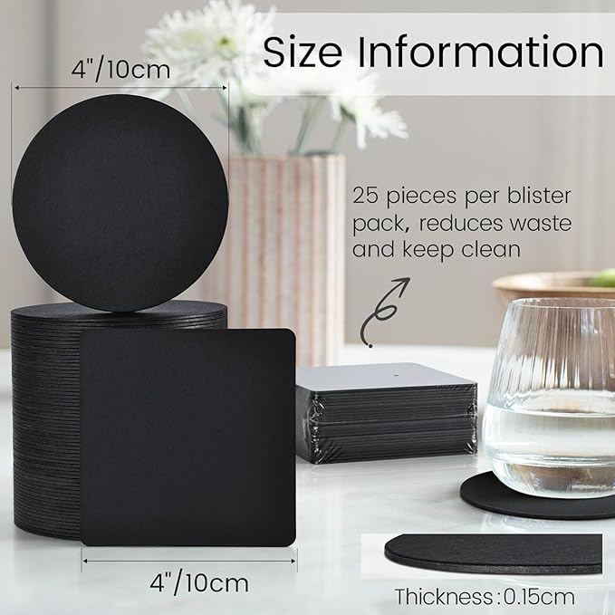 200 Pieces Disposable Paper Coasters, GOH DODD Thickened (1.5MM) 4 Inch Bar Coasters Bulk Absorbent Cardboard Blanks for Sublimation Drinks DIY Arts Crafts Wedding Party Gifts, Black, Square Round