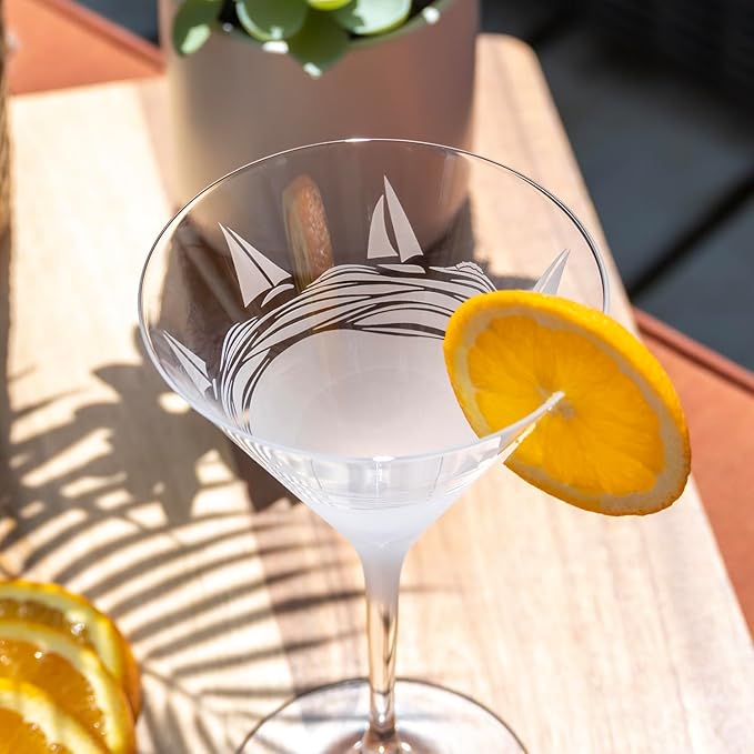 Rolf Glass Regatta 10oz Martini Cocktail Glass | Set of 2 Lead-Free Glasses | Proudly Made in the USA | Engraved Martini Glasses | Nautical Sailboat Design