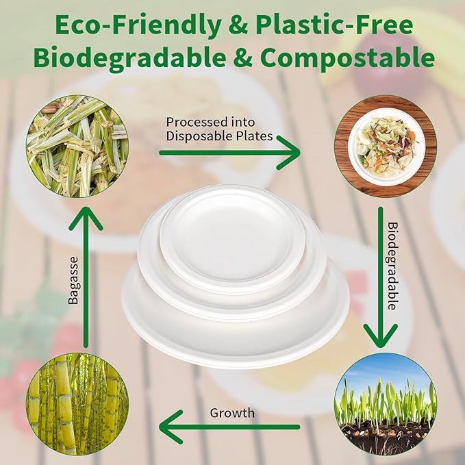 Aricsen 50 Pack 7 Inch Compostable Disposable Round Paper Plates, Natural White Biodegradable Sugarcane Bagasse PFAS-Free Eco-Friendly Dinner Plates for Party Wedding Picnic BBQ (50, 7 INCH)