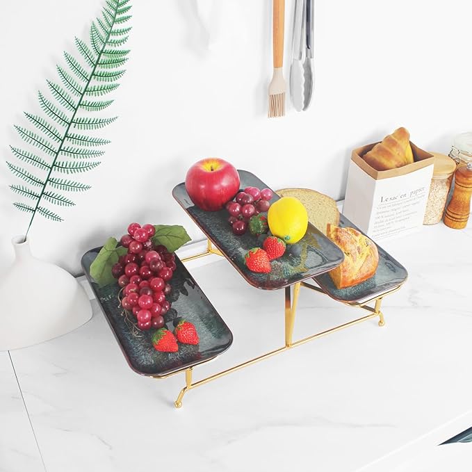 3 Tier Serving Trays for Party, 14.4 Inch Porcelain Serving Platters and Tiered Trays, Foldable Sturdy Gold Stand, for Food Display, Fruit, Cake Dessert, Decoration Entertaining, Black