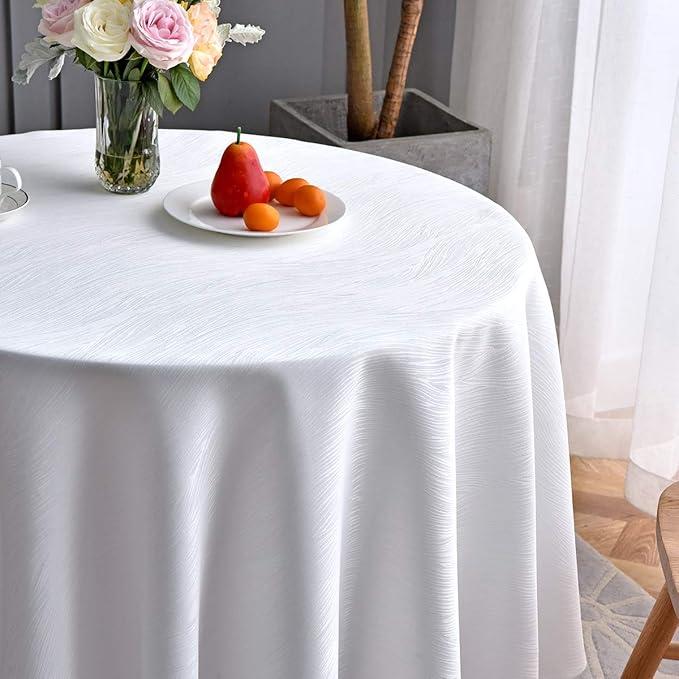 maxmill Round Jacquard Tablecloths Swirl Pattern Spillproof Wrinkle Free Heavy Weight Soft Table Cloth for Circular Table Cover of Buffet Banquet Parties Holiday Dinner Round 90 Inch White