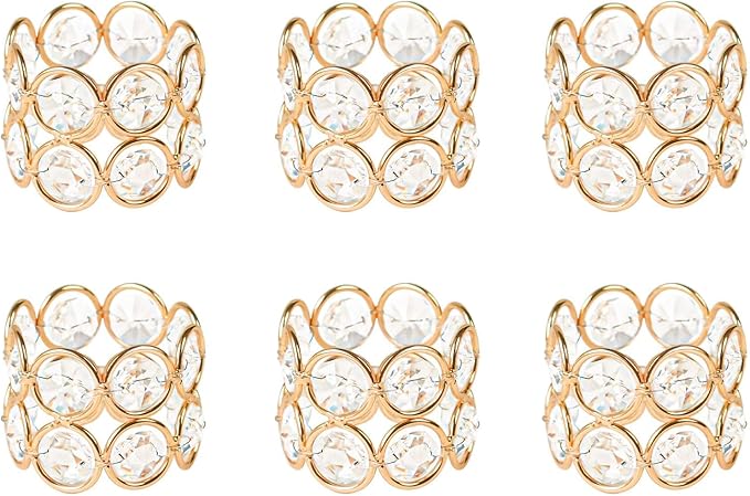 Crystal Metal Napkin Rings Set, Elegant Wedding/Party Table Decor, Shiny Holiday Dinner Accessories Bulk, Bridal Shower Gift, Anniversary, Christmas, Home Decor Essentials (Gold, 6-Pcs)