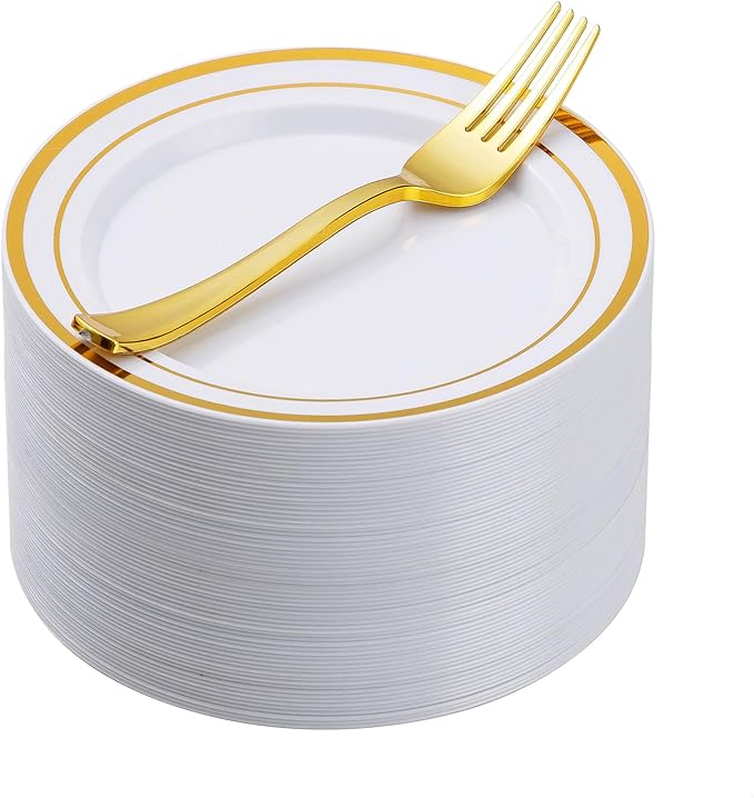 Goodluck 120PCS 7" Gold Dessert Plastic Plates with 7.4" Forks, Gold Appetizer Plates for 60 Guests, Including 60 Disposable Cake Plastic Plates and 60 Forks for Wedding/Birthday/Christmas Party