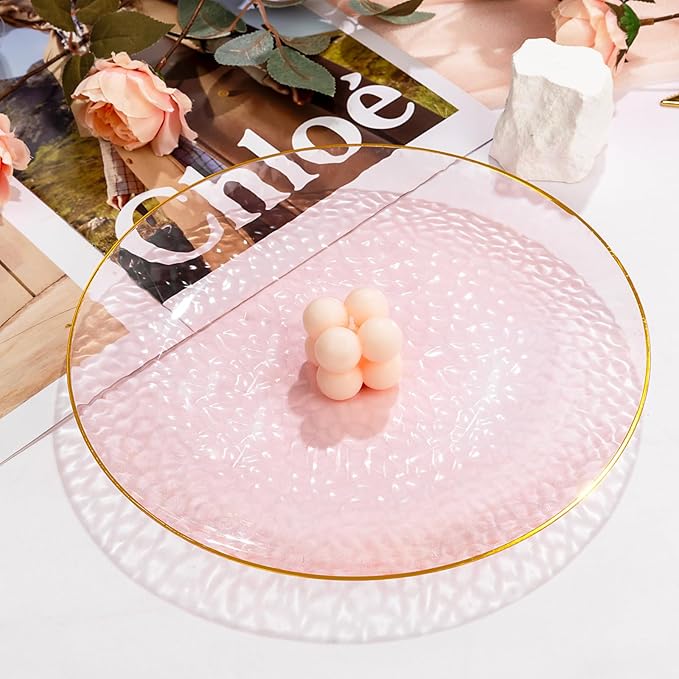 DaYammi 100PCS Pink Gold Plastic Plates - 10 inch Clear Pink Gold Dinner Plates - Hammer Pattern Design - Fancy Disposable Plate - Heavy Duty Party Plate Ideal for Wedding