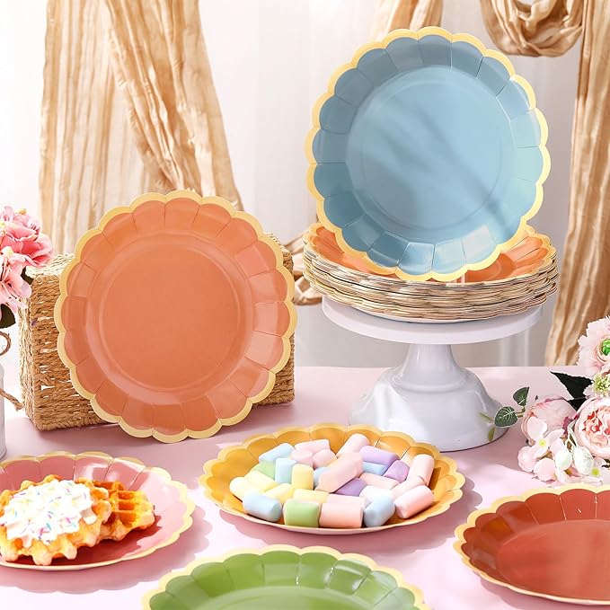 96 Pcs Fall Wildflower Color Paper Plates 9 Inch Colorful Boho Scalloped Paper Disposable Dinner Dessert Plates for Autumn Thanksgiving Birthday Wedding Bridal Party Supplies, 6 Colors